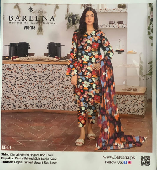 Bareena Summer Collection 3 pc printed rod lawn suit